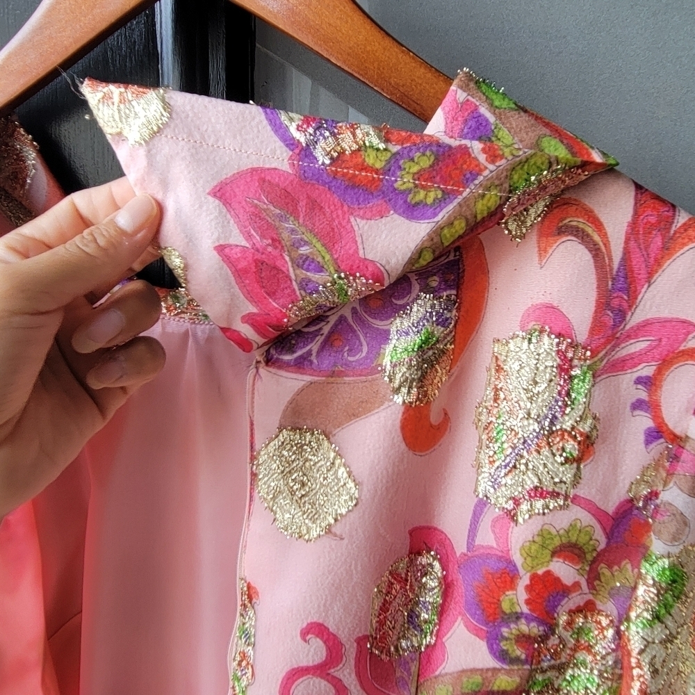 Vintage Handmade Custome Japanese Asian Pink Gold Flowering Long Dress Pink Bow - Picture 7 of 15